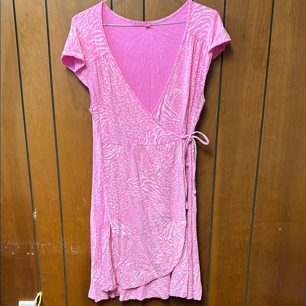 EUC Fresh Produce Pink Wrap Dress with White Print Flutter Sleeves